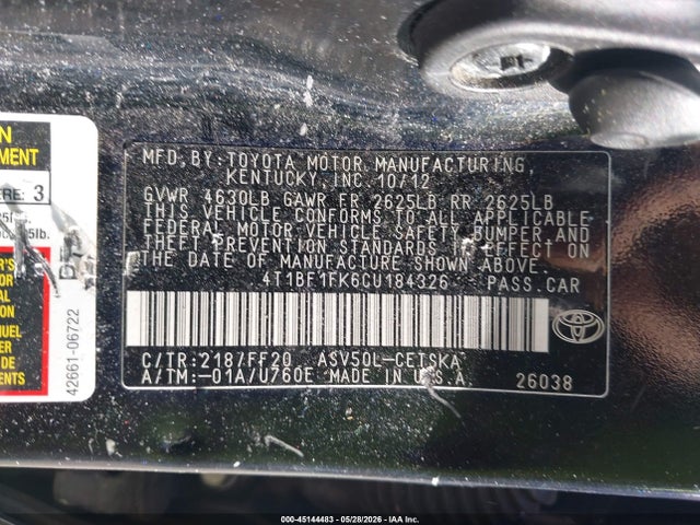 Aukcja sprzedaży 2012 Toyota Camry Se, vin: 4T1BF1FK6CU184326, numer aukcji: 45144483