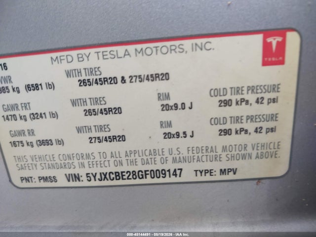 45144491 :رقم المزاد ، 5YJXCBE28GF009147 vin ، 2016 Tesla Model X 60d/70d/75d/90d/p100d مزاد بيع