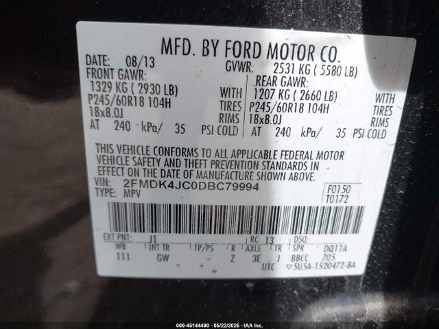 45144490 :رقم المزاد ، 2FMDK4JC0DBC79994 vin ، 2013 Ford Edge Sel مزاد بيع