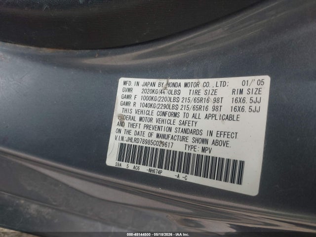 Aukcja sprzedaży 2005 Honda Cr-v Se, vin: JHLRD78985C029617, numer aukcji: 45144500