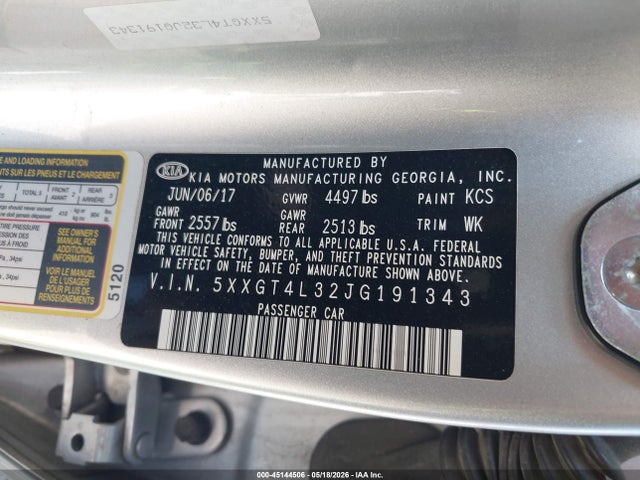 Продажа на аукционе авто 2018 Kia Optima Lx, vin: 5XXGT4L32JG191343, номер лота: 45144506