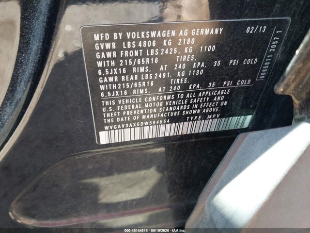 Продажа на аукционе авто 2013 Volkswagen Tiguan S, vin: WVGAV3AX5DW594554, номер лота: 45144518