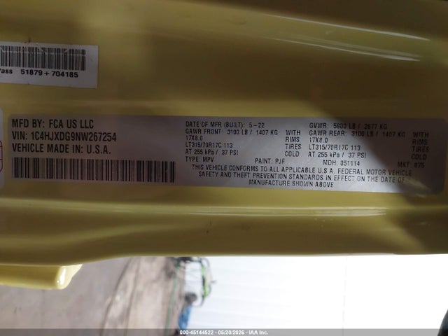 Продажа на аукционе авто 2022 Jeep Wrangler Unlimited High Tide 4x4, vin: 1C4HJXDG9NW267254, номер лота: 45144522