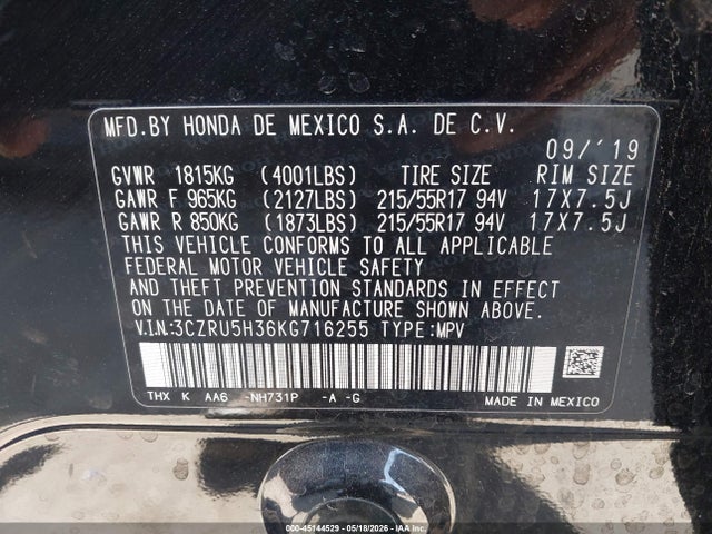 Aukcja sprzedaży 2019 Honda Hr-v Lx, vin: 3CZRU5H36KG716255, numer aukcji: 45144529