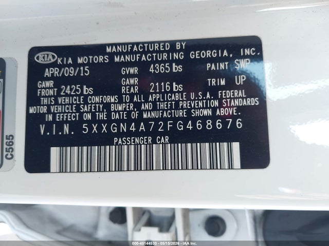 Продажа на аукционе авто 2015 Kia Optima Ex, vin: 5XXGN4A72FG468676, номер лота: 45144530