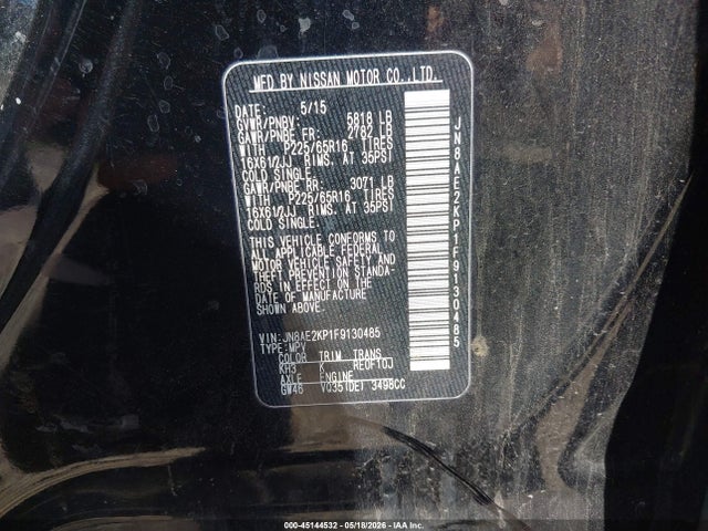 Продажа на аукционе авто 2015 Nissan Quest Platinum/s/sl/sv, vin: JN8AE2KP1F9130485, номер лота: 45144532