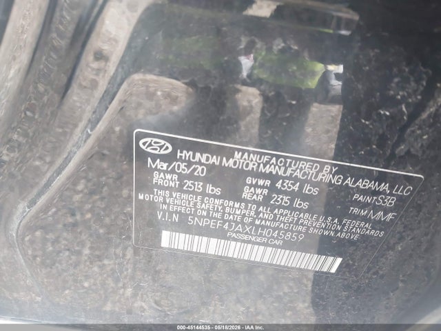 45144535 :رقم المزاد ، 5NPEF4JAXLH045859 vin ، 2020 Hyundai Sonata Sel مزاد بيع