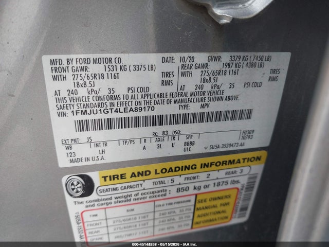 2020 Ford Expedition Xl მანქანა იყიდება აუქციონზე, vin: 1FMJU1GT4LEA89170, აუქციონის ნომერი: 45144537