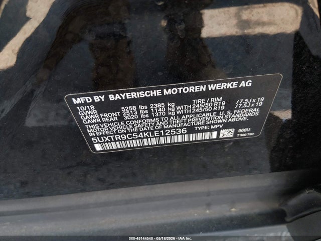 Aukcja sprzedaży 2019 Bmw X3 Xdrive30i, vin: 5UXTR9C54KLE12536, numer aukcji: 45144540