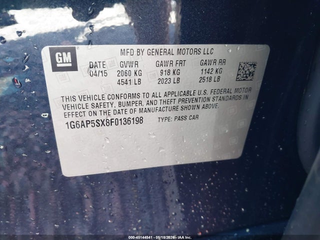 2015 Cadillac Cts Standard მანქანა იყიდება აუქციონზე, vin: 1G6AP5SX8F0136198, აუქციონის ნომერი: 45144541