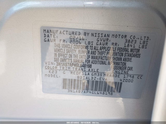 Продажа на аукционе авто 2016 Nissan Sentra Fe+ S/s/sl/sr/sv, vin: 3N1AB7AP4GL648198, номер лота: 45144542