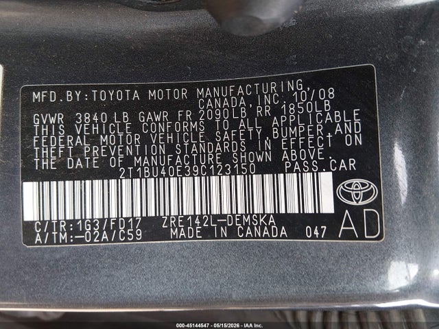 Продаж на аукціоні авто 2009 Toyota Corolla S, vin: 2T1BU40E39C123150, номер лоту: 45144547