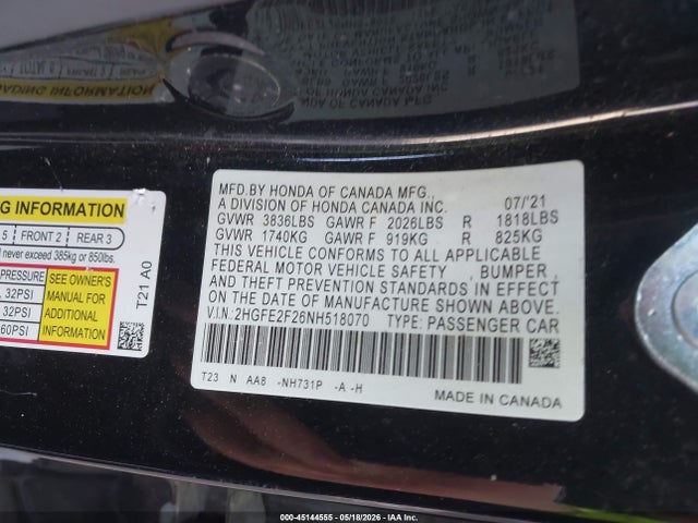 2022 Honda Civic Lx მანქანა იყიდება აუქციონზე, vin: 2HGFE2F26NH518070, აუქციონის ნომერი: 45144555