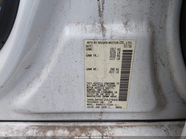45144572 :رقم المزاد ، 1N4AL3AP3GC262960 vin ، 2016 Nissan Altima 2.5 Sl مزاد بيع