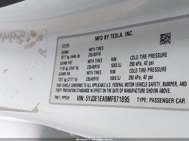 2021 Tesla Model 3 Standard Range Plus Rear-wheel Drive მანქანა იყიდება აუქციონზე, vin: 5YJ3E1EA9MF871895, აუქციონის ნომერი: 45144576