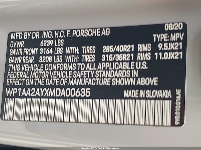 45144577 :رقم المزاد ، WP1AA2AYXMDA00635 vin ، 2021 Porsche Cayenne مزاد بيع