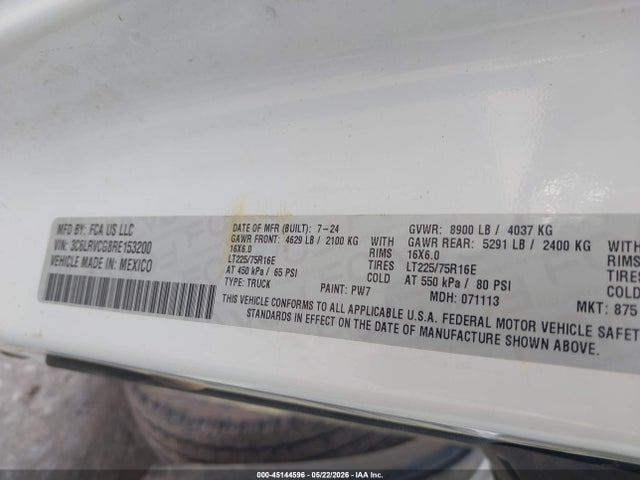 Продажа на аукционе авто 2024 Ram Promaster 2500 Tradesman High Roof 136 Wb W/pass Seat, vin: 3C6LRVCG8RE153200, номер лота: 45144596