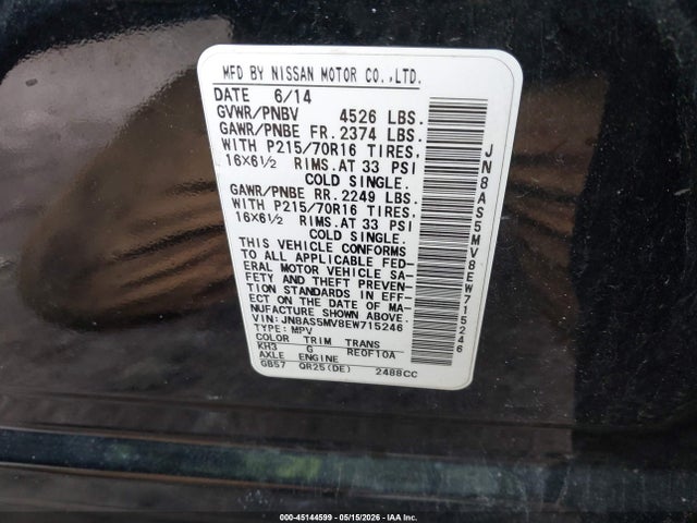 2014 Nissan Rogue Select S მანქანა იყიდება აუქციონზე, vin: JN8AS5MV8EW715246, აუქციონის ნომერი: 45144599