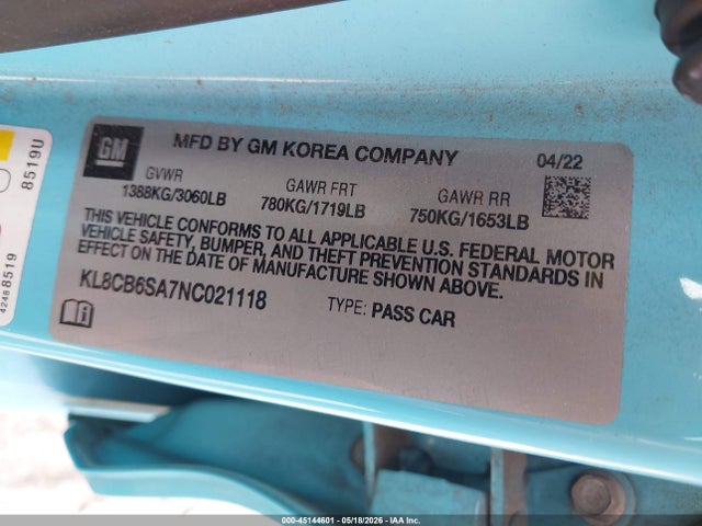 Продаж на аукціоні авто 2022 Chevrolet Spark Fwd Ls Automatic, vin: KL8CB6SA7NC021118, номер лоту: 45144601