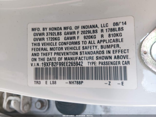 45144603 :رقم المزاد ، 19XFB2F99EE265942 vin ، 2014 Honda Civic Ex-l مزاد بيع