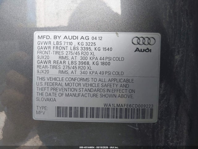 45144604 :رقم المزاد ، WA1LMAFE6CD009223 vin ، 2012 Audi Q7 3.0 Tdi Premium مزاد بيع