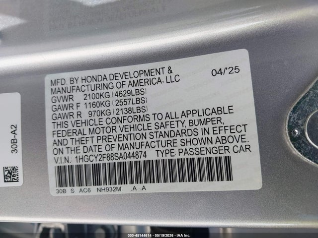 1HGCY2F88SA044874 Honda Accord Hybrid Touring