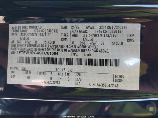 Aukcja sprzedaży 2025 Ford F-150 Raptor, vin: 1FTFW1RG4SFC61064, numer aukcji: 45144615