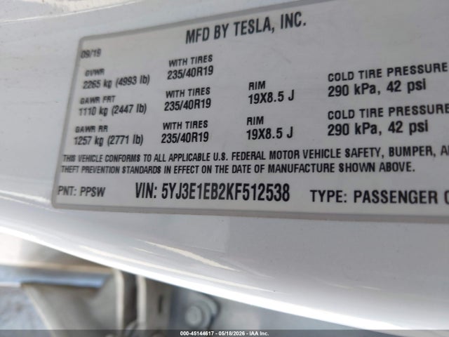 Tesla Model 3 Long Range/performance 2019 5YJ3E1EB2KF512538 Image 9