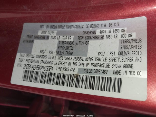 Aukcja sprzedaży 2019 Mazda Mazda3 Premium Package, vin: 3MZBPAEM6KM103961, numer aukcji: 45144621