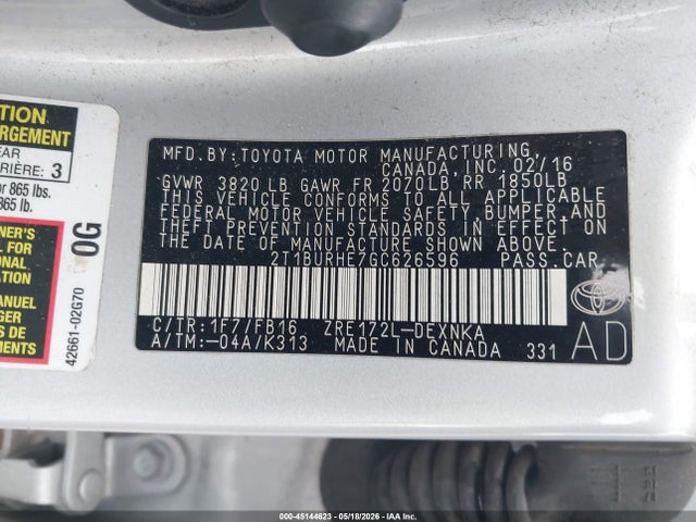 Aukcja sprzedaży 2016 Toyota Corolla Le, vin: 2T1BURHE7GC626596, numer aukcji: 45144623