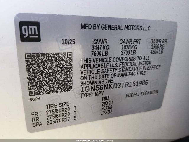 45144624 :رقم المزاد ، 1GNS6NKD3TR161986 vin ، 2026 Chevrolet Tahoe 4wd Lt مزاد بيع
