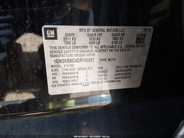 Aukcja sprzedaży 2016 Chevrolet Tahoe Lt, vin: 1GNSKBKC4GR168887, numer aukcji: 45144632
