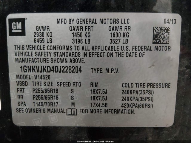 45144641 :رقم المزاد ، 1GNKVJKD4DJ228204 vin ، 2013 Chevrolet Traverse 2lt مزاد بيع