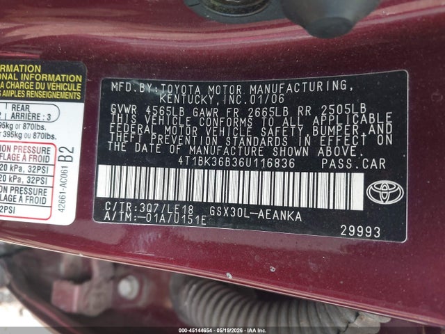 45144654 :رقم المزاد ، 4T1BK36B36U116836 vin ، 2006 Toyota Avalon Touring مزاد بيع