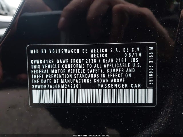 2017 Volkswagen Jetta 1.4t Se მანქანა იყიდება აუქციონზე, vin: 3VWDB7AJ6HM242261, აუქციონის ნომერი: 45144665