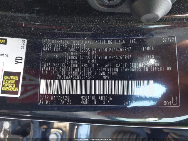 45144667 :رقم المزاد ، 7MUCAAAGXNV021542 vin ، 2022 Toyota Corolla Cross Le مزاد بيع