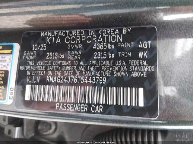 Продаж на аукціоні авто 2026 Kia K5 Lxs Fwd, vin: KNAG24J76T5443799, номер лоту: 45144670
