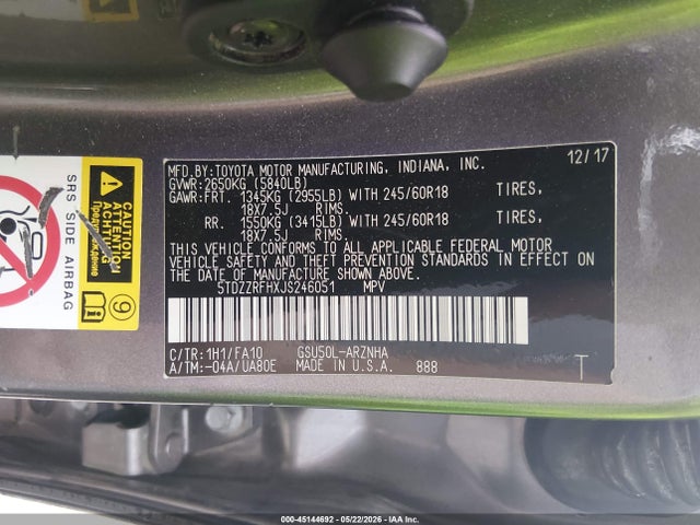Aukcja sprzedaży 2018 Toyota Highlander Le Plus, vin: 5TDZZRFHXJS246051, numer aukcji: 45144692