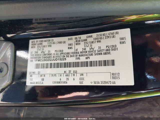 Продаж на аукціоні авто 2018 Ford Escape Se, vin: 1FMCU9GD2JUD15225, номер лоту: 45144697