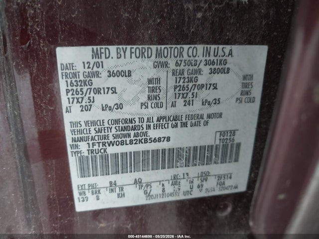 Aukcja sprzedaży 2002 Ford F-150 Lariat/xlt, vin: 1FTRW08L82KB56878, numer aukcji: 45144698