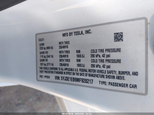 Aukcja sprzedaży 2021 Tesla Model 3 Long Range, vin: 5YJ3E1EB9MF928217, numer aukcji: 45144706