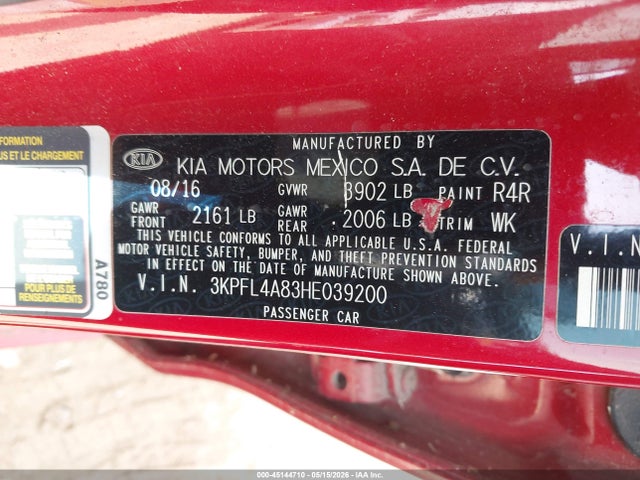 45144710 :رقم المزاد ، 3KPFL4A83HE039200 vin ، 2017 Kia Forte Ex مزاد بيع
