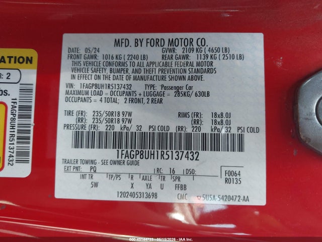 2024 Ford Mustang Ecoboost Premium მანქანა იყიდება აუქციონზე, vin: 1FAGP8UH1R5137432, აუქციონის ნომერი: 45144723