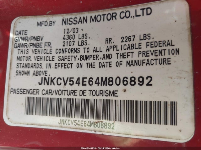 45144726 :رقم المزاد ، JNKCV54E64M806892 vin ، 2004 Infiniti G35 مزاد بيع