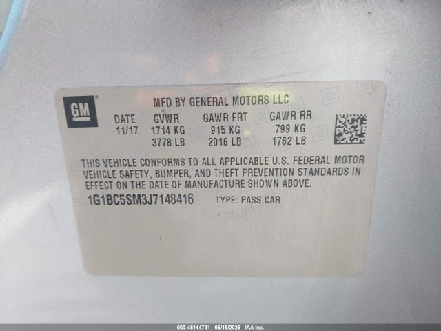 Aukcja sprzedaży 2018 Chevrolet Cruze Ls Auto, vin: 1G1BC5SM3J7148416, numer aukcji: 45144731