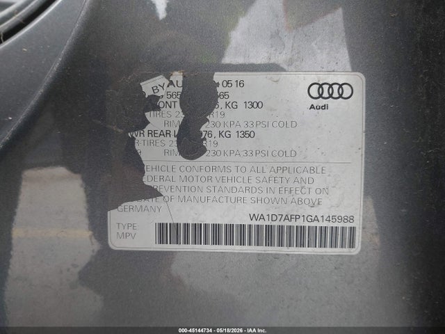45144734 :رقم المزاد ، WA1D7AFP1GA145988 vin ، 2016 Audi Q5 3.0t Premium Plus مزاد بيع