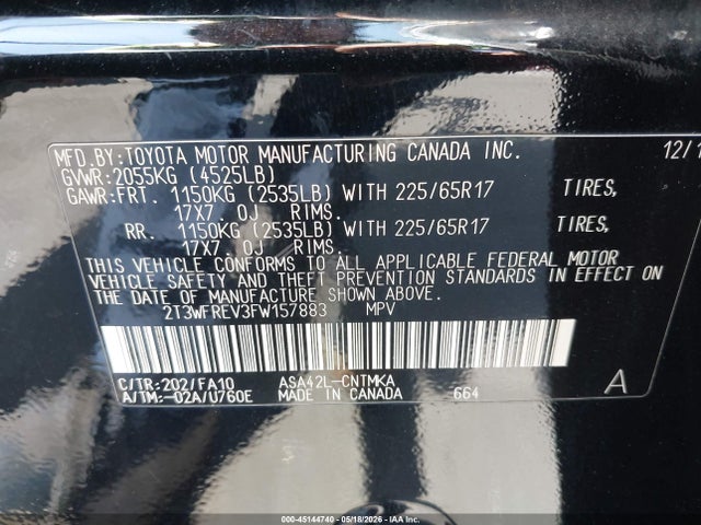 2T3WFREV3FW157883 Toyota Rav4 Xle