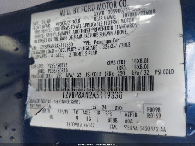 Продажа на аукционе авто 2010 Ford Mustang V6/v6 Premium, vin: 1ZVBP8AN2A5119330, номер лота: 45144743