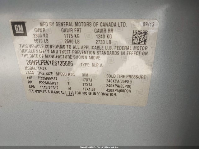 Aukcja sprzedaży 2014 Chevrolet Equinox 1lt, vin: 2GNFLFEK1E6135606, numer aukcji: 45144757
