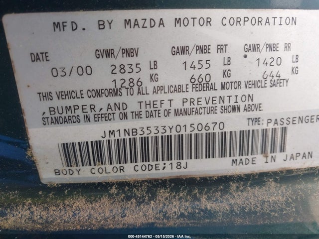 2000 Mazda Mx-5 Miata Ls/special Edition მანქანა იყიდება აუქციონზე, vin: JM1NB3533Y0150670, აუქციონის ნომერი: 45144762